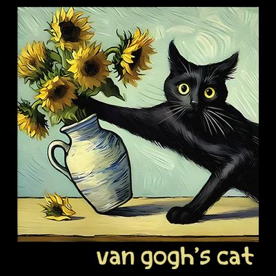 Van Gogh Black Cat With Sunflowers Funny Cat Painting Art Gift T-Shirt