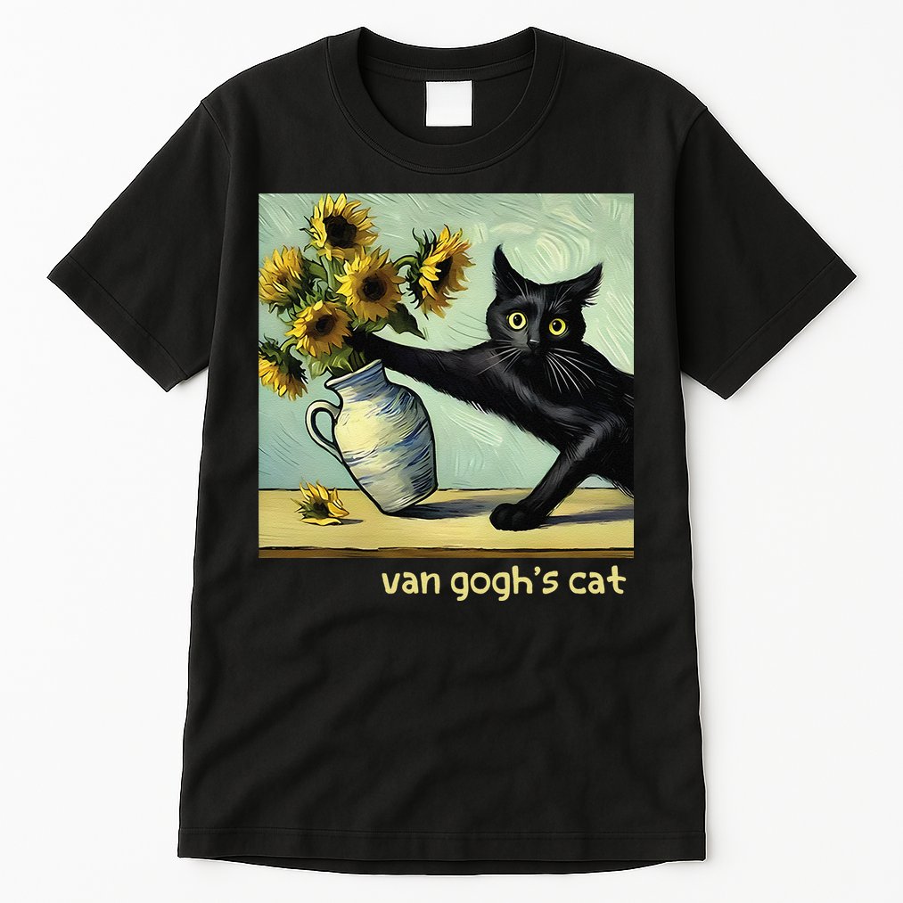 Van Gogh Black Cat With Sunflowers Funny Cat Painting Art Gift Tall T-Shirt