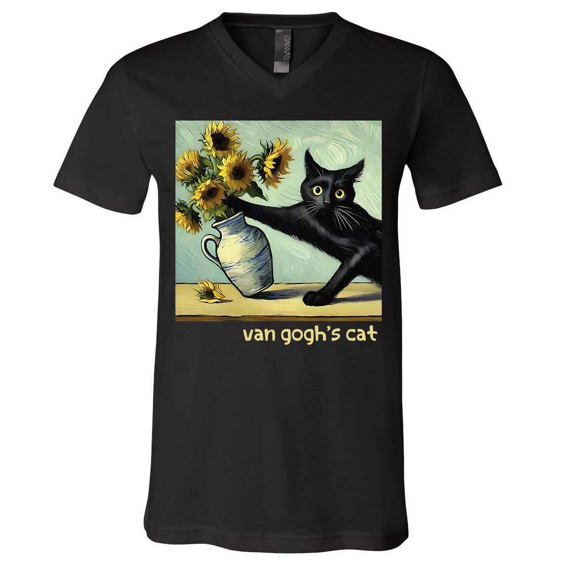Van Gogh Black Cat With Sunflowers Funny Cat Painting Art Gift V-Neck T-Shirt