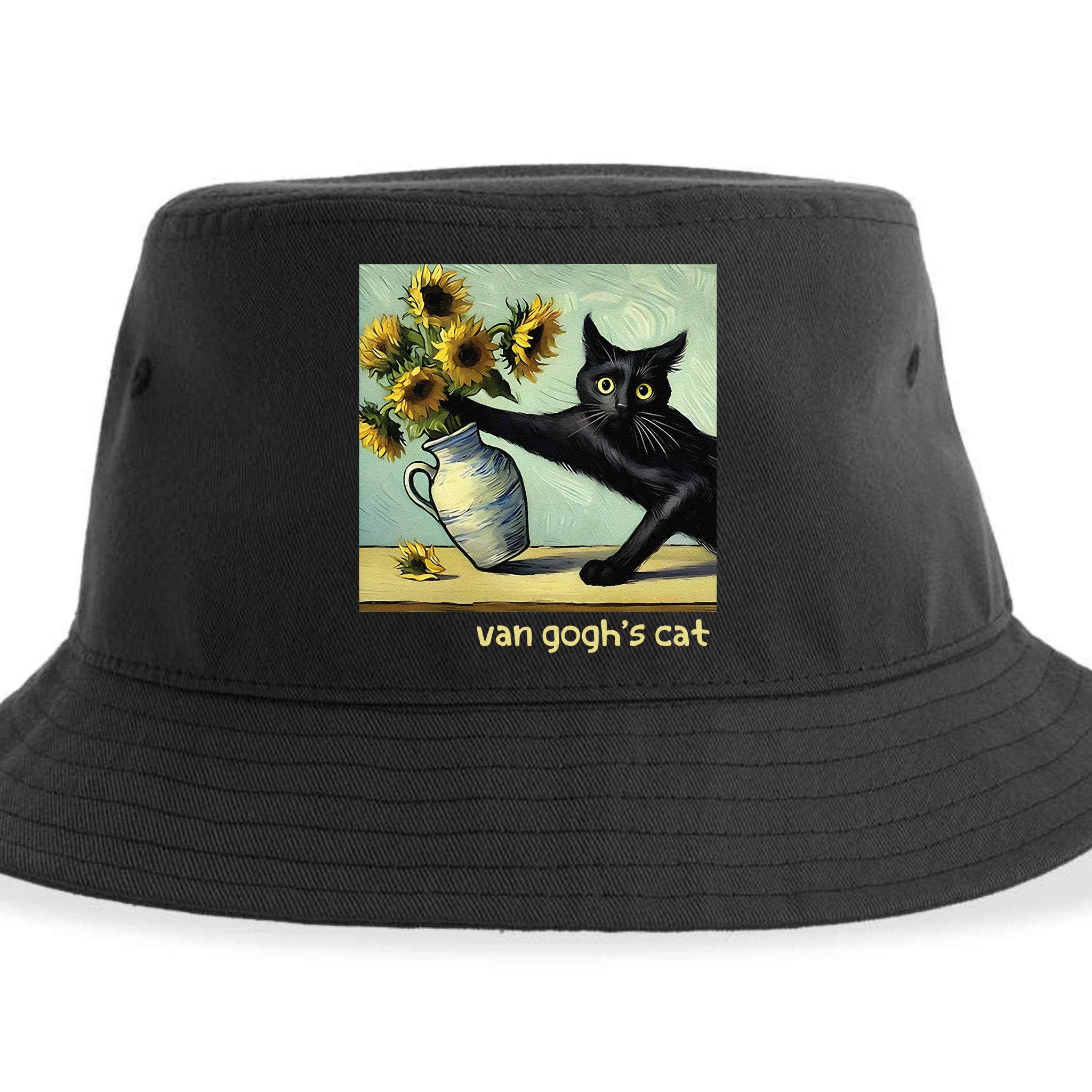 Van Gogh Black Cat With Sunflowers Funny Cat Painting Art Gift Sustainable Bucket Hat