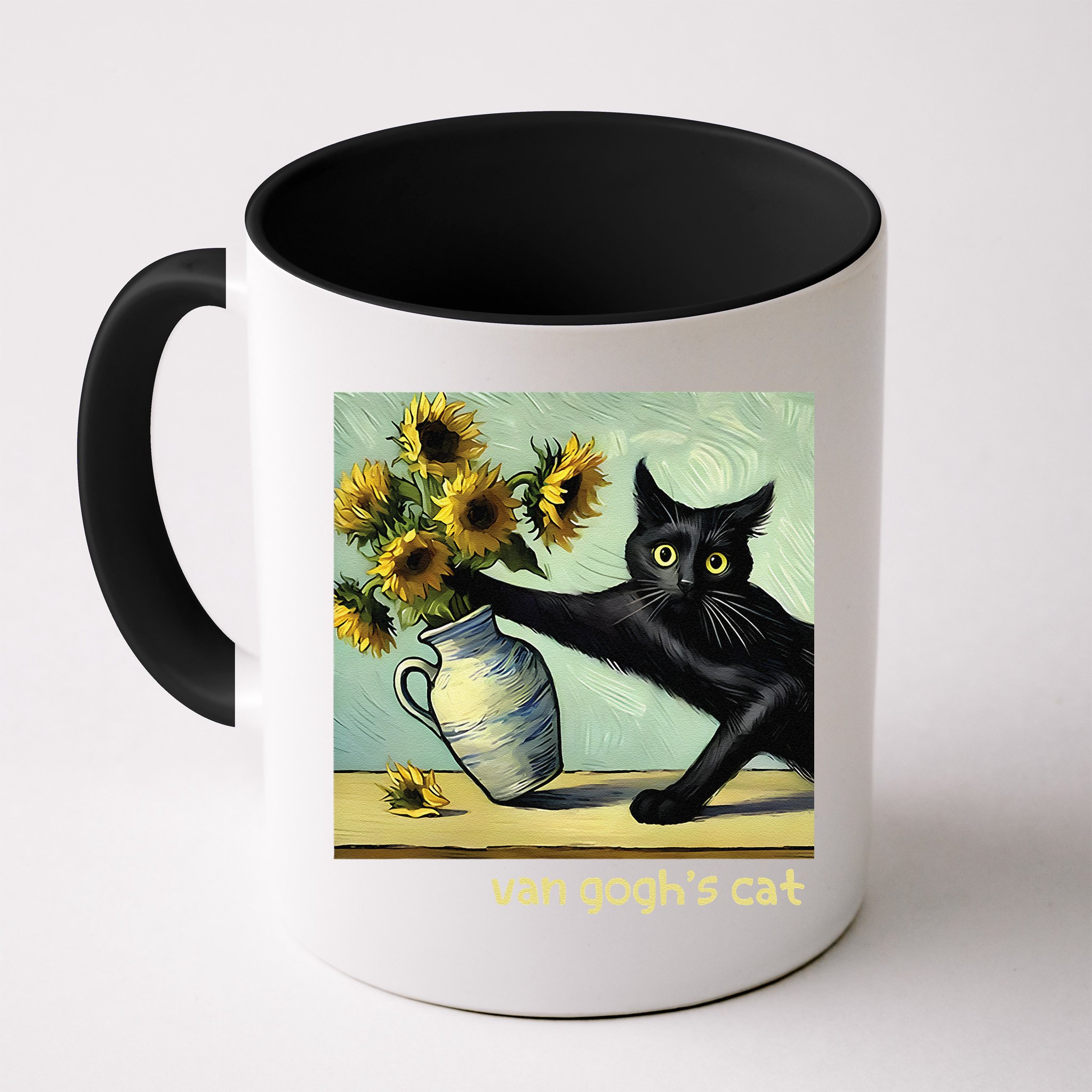 Van Gogh Black Cat With Sunflowers Funny Cat Painting Art Gift Mug