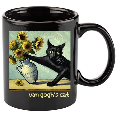 Van Gogh Black Cat With Sunflowers Funny Cat Painting Art Gift 11oz C Handle Ceramic Mug