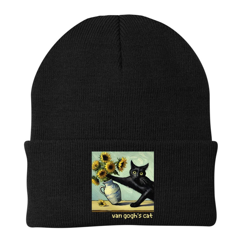 Van Gogh Black Cat With Sunflowers Funny Cat Painting Art Gift Beanie