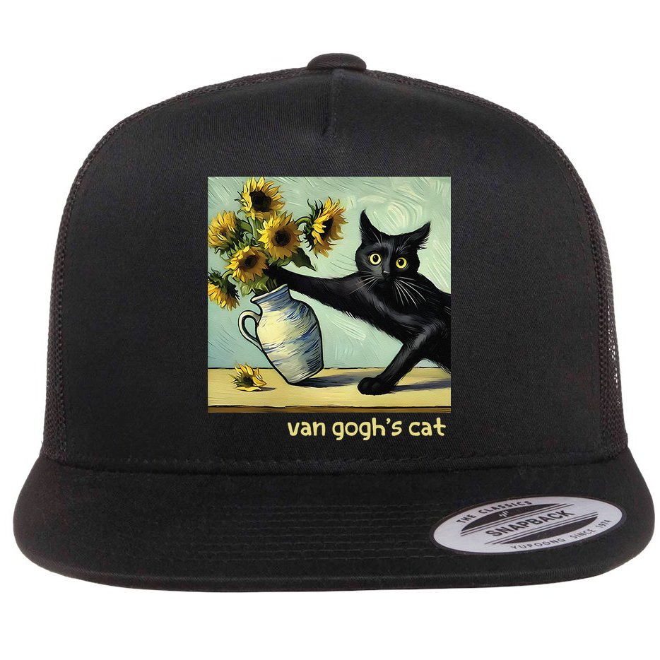 Van Gogh Black Cat With Sunflowers Funny Cat Painting Art Gift Flat Bill Trucker Hat
