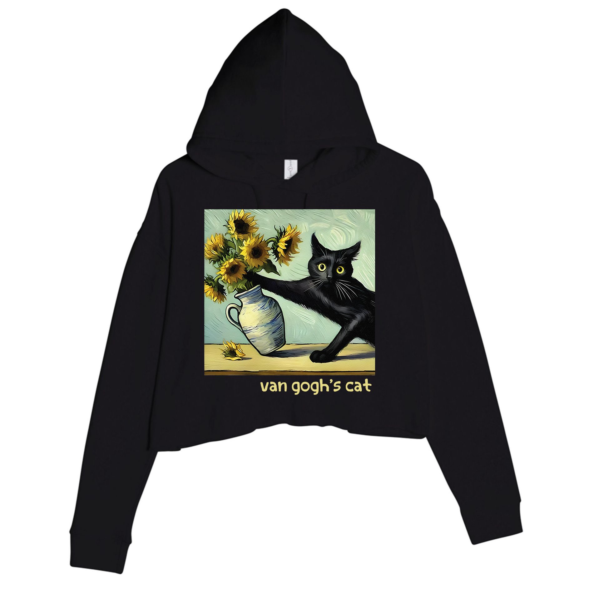 Van Gogh Black Cat With Sunflowers Funny Cat Painting Art Gift Crop Fleece Hoodie