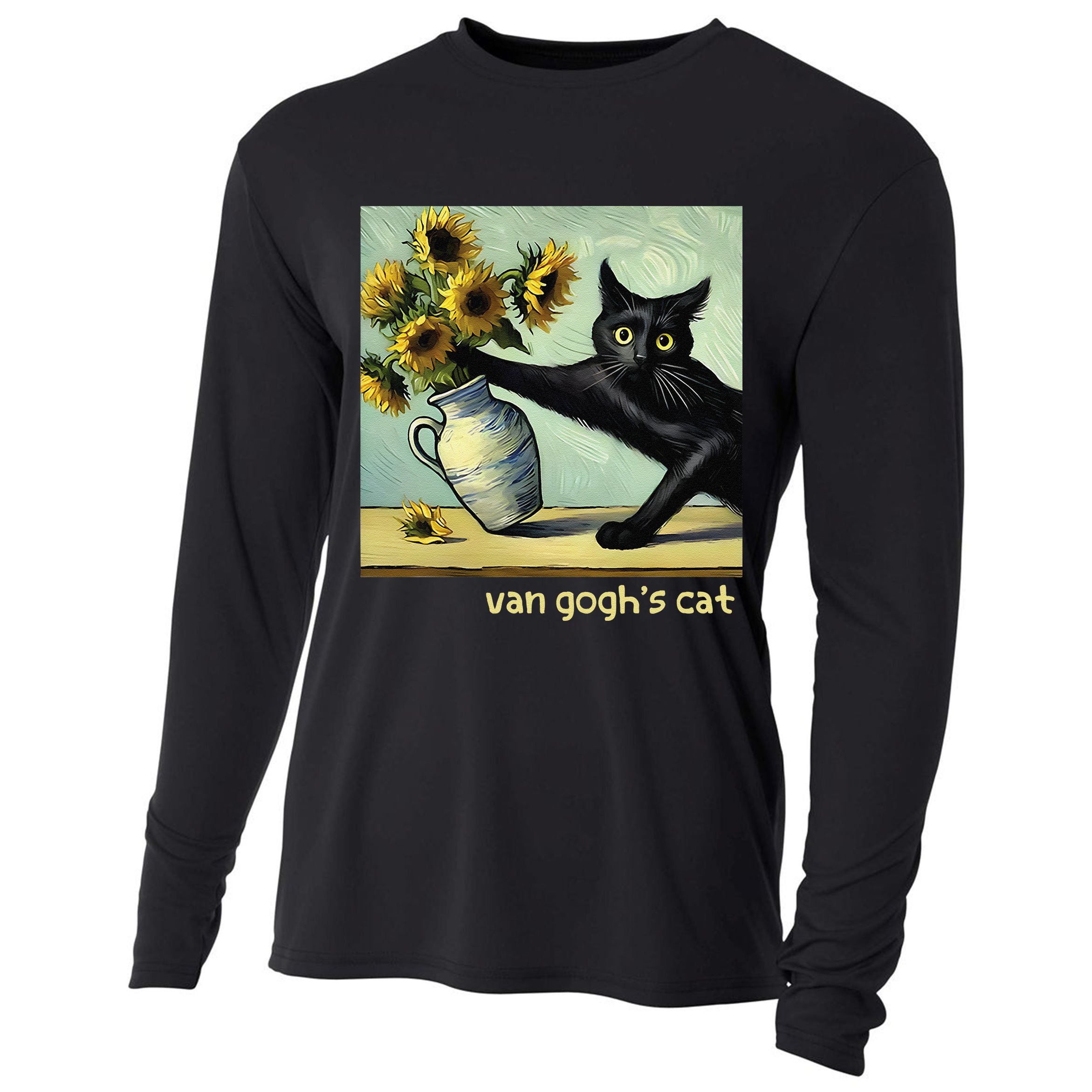 Van Gogh Black Cat With Sunflowers Funny Cat Painting Art Gift Cooling Performance Long Sleeve Crew