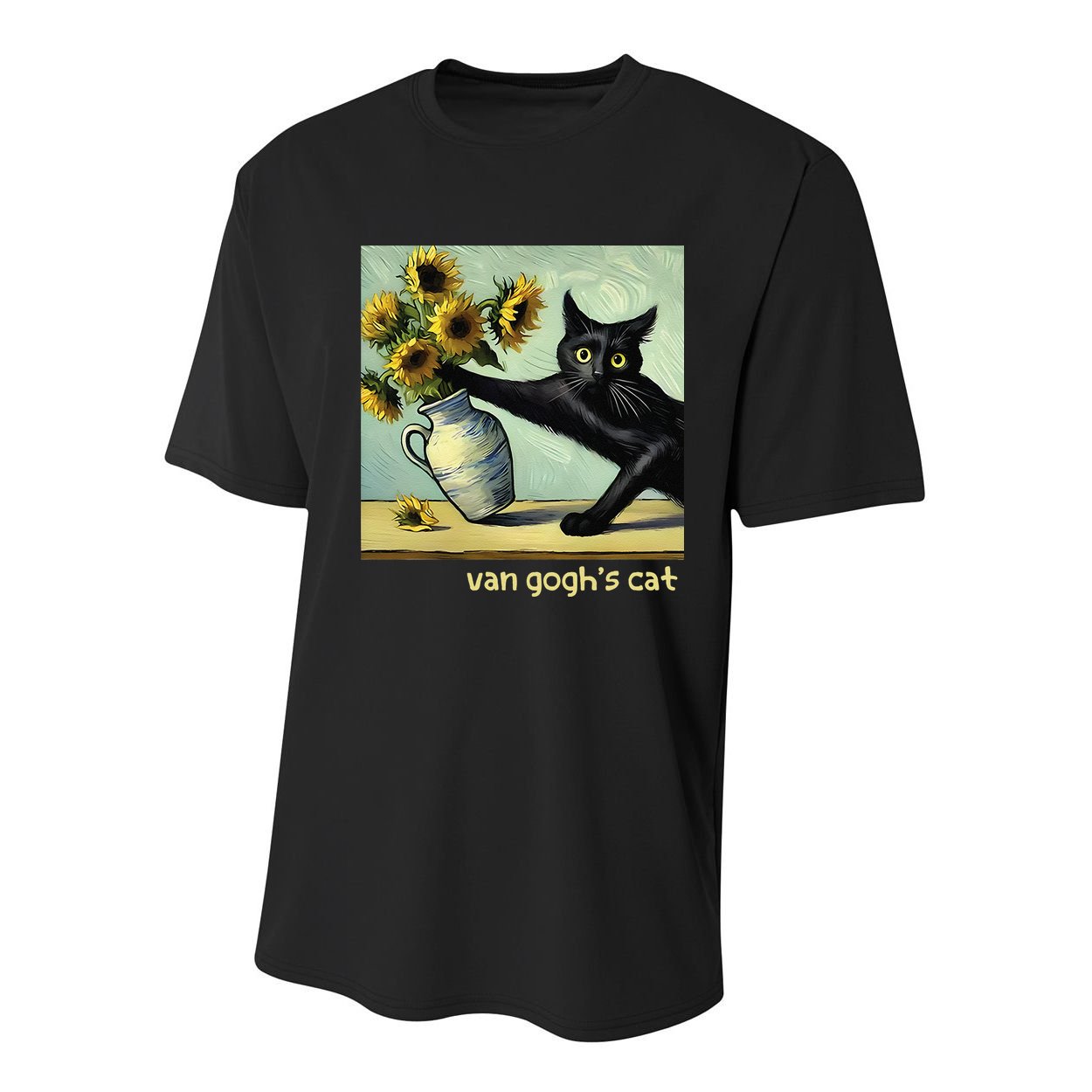 Van Gogh Black Cat With Sunflowers Funny Cat Painting Art Gift Youth Performance Sprint T-Shirt
