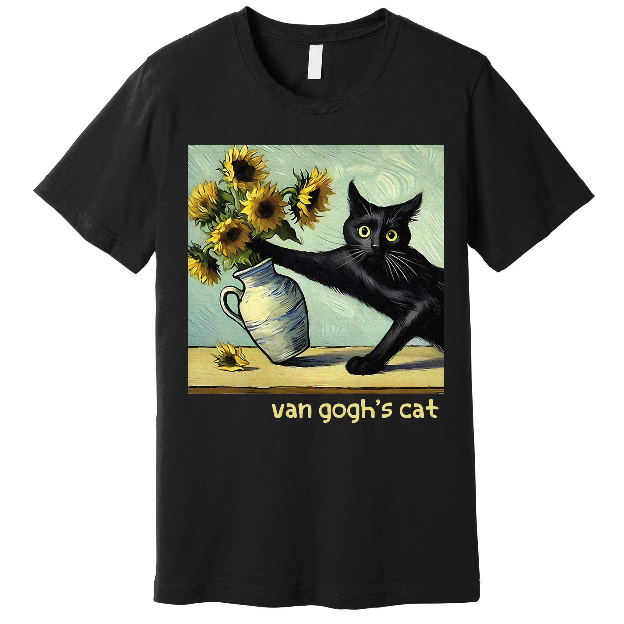 Van Gogh Black Cat With Sunflowers Funny Cat Painting Art Gift Premium T-Shirt