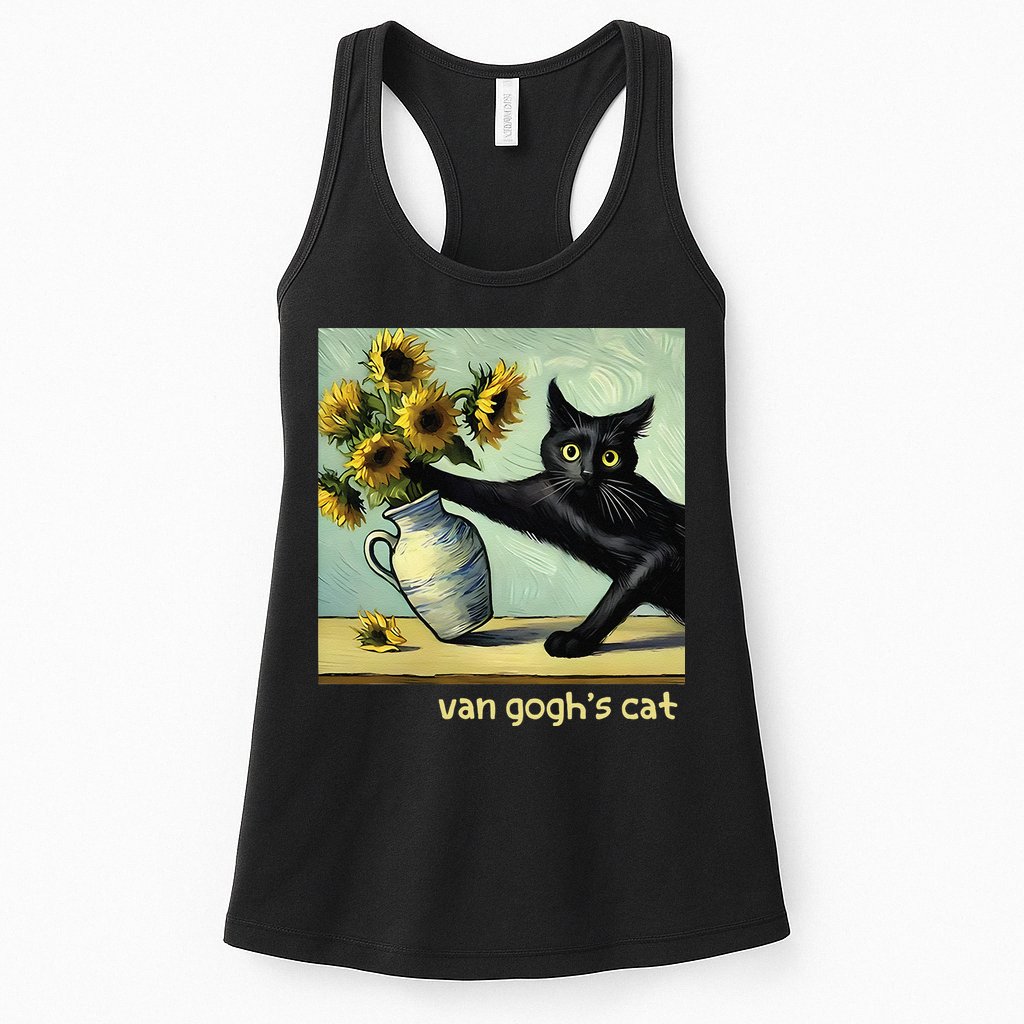 Van Gogh Black Cat With Sunflowers Funny Cat Painting Art Gift Womens Tank Top