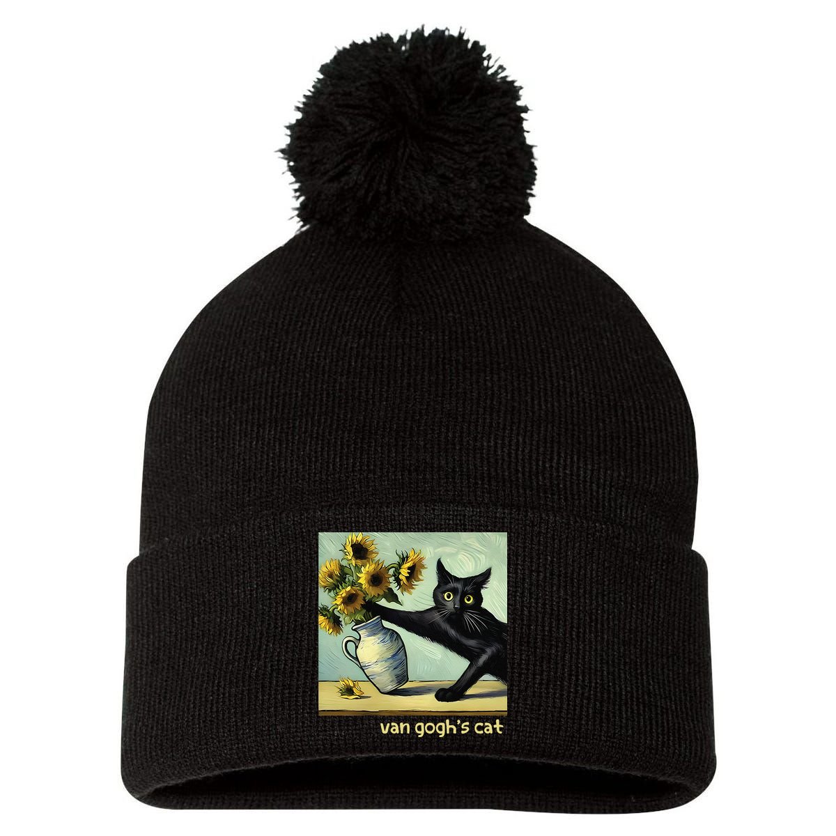 Van Gogh Black Cat With Sunflowers Funny Cat Painting Art Gift Pom Pom 12in Knit Beanie