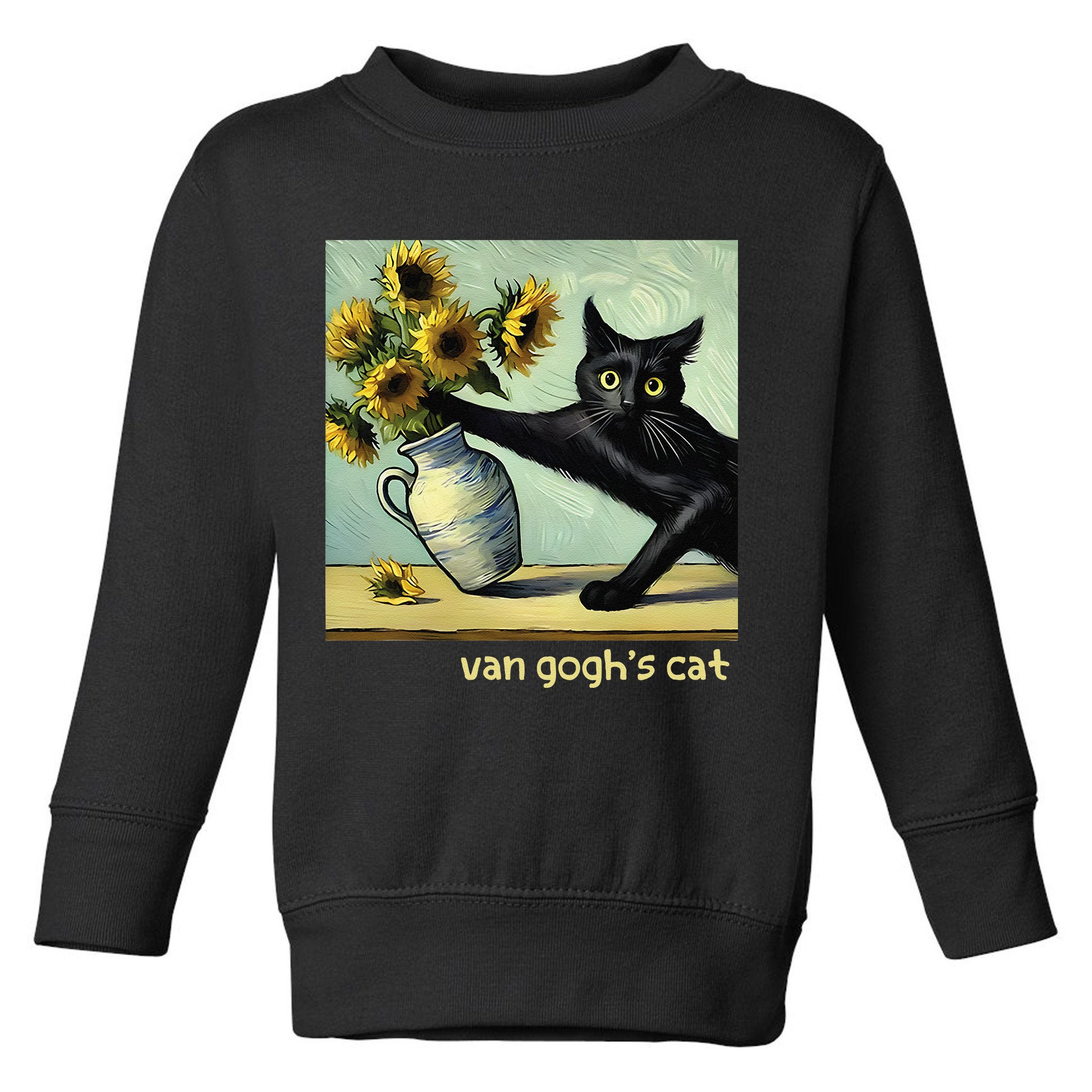 Van Gogh Black Cat With Sunflowers Funny Cat Painting Art Gift Toddler Sweatshirt