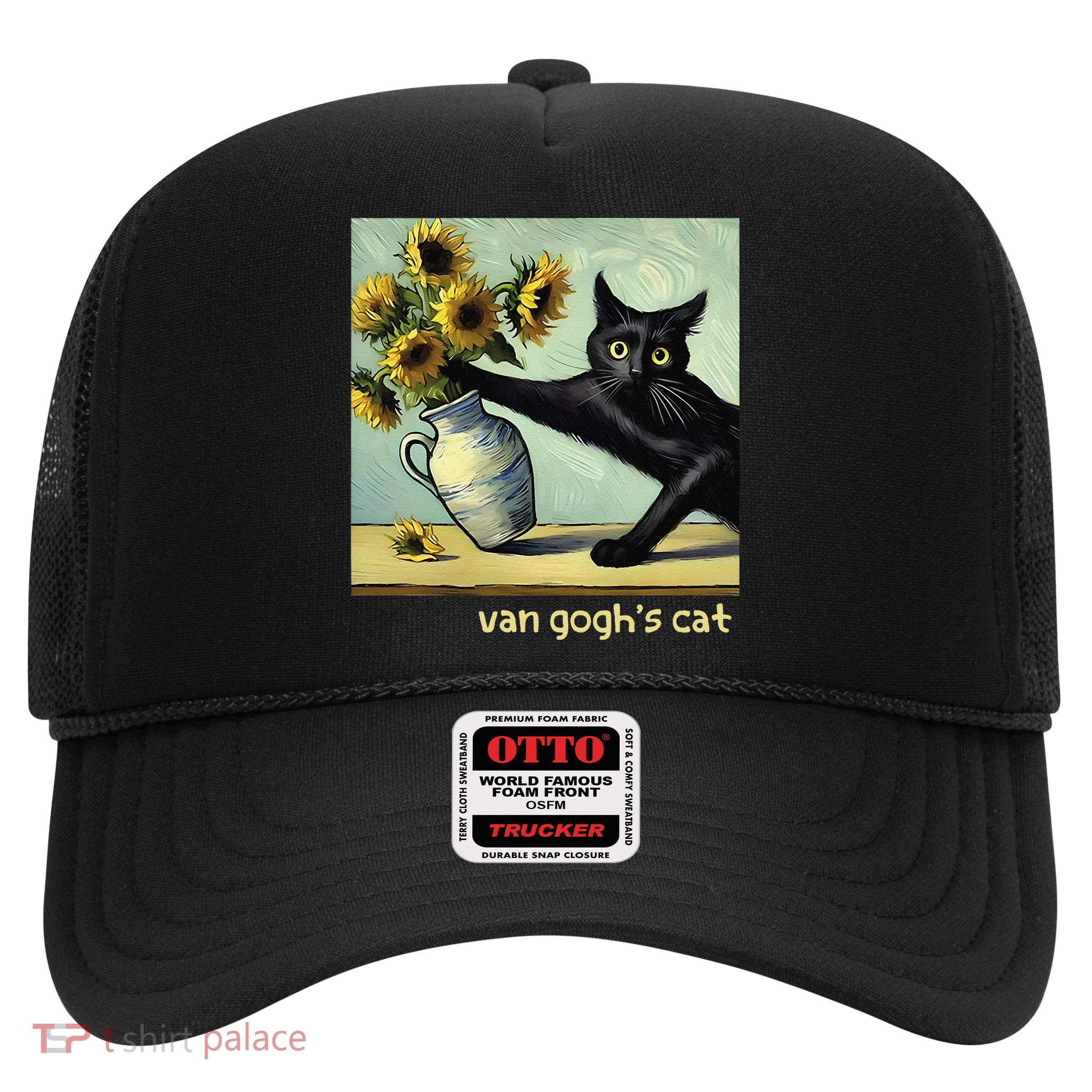 Van Gogh Black Cat With Sunflowers Funny Cat Painting Art Gift Trucker Hat