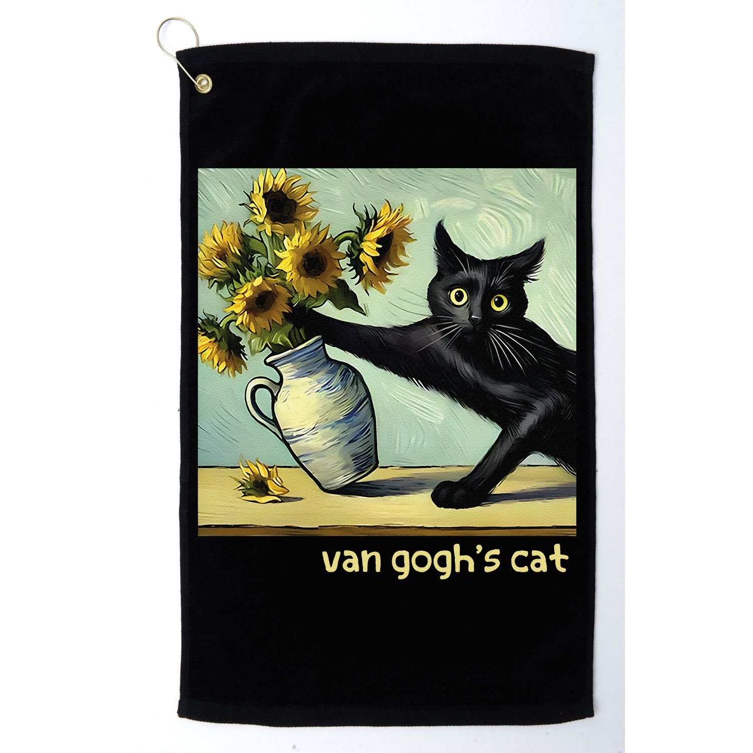 Van Gogh Black Cat With Sunflowers Funny Cat Painting Art Gift Golf Towel