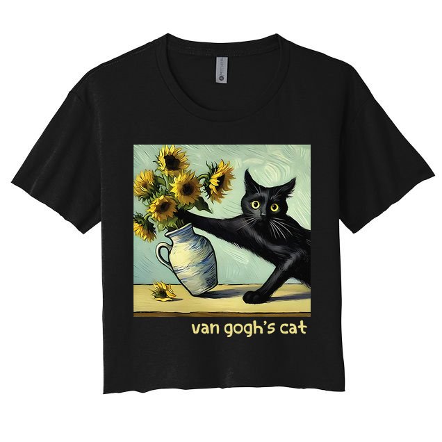 Van Gogh Black Cat With Sunflowers Funny Cat Painting Art Gift Crop Top