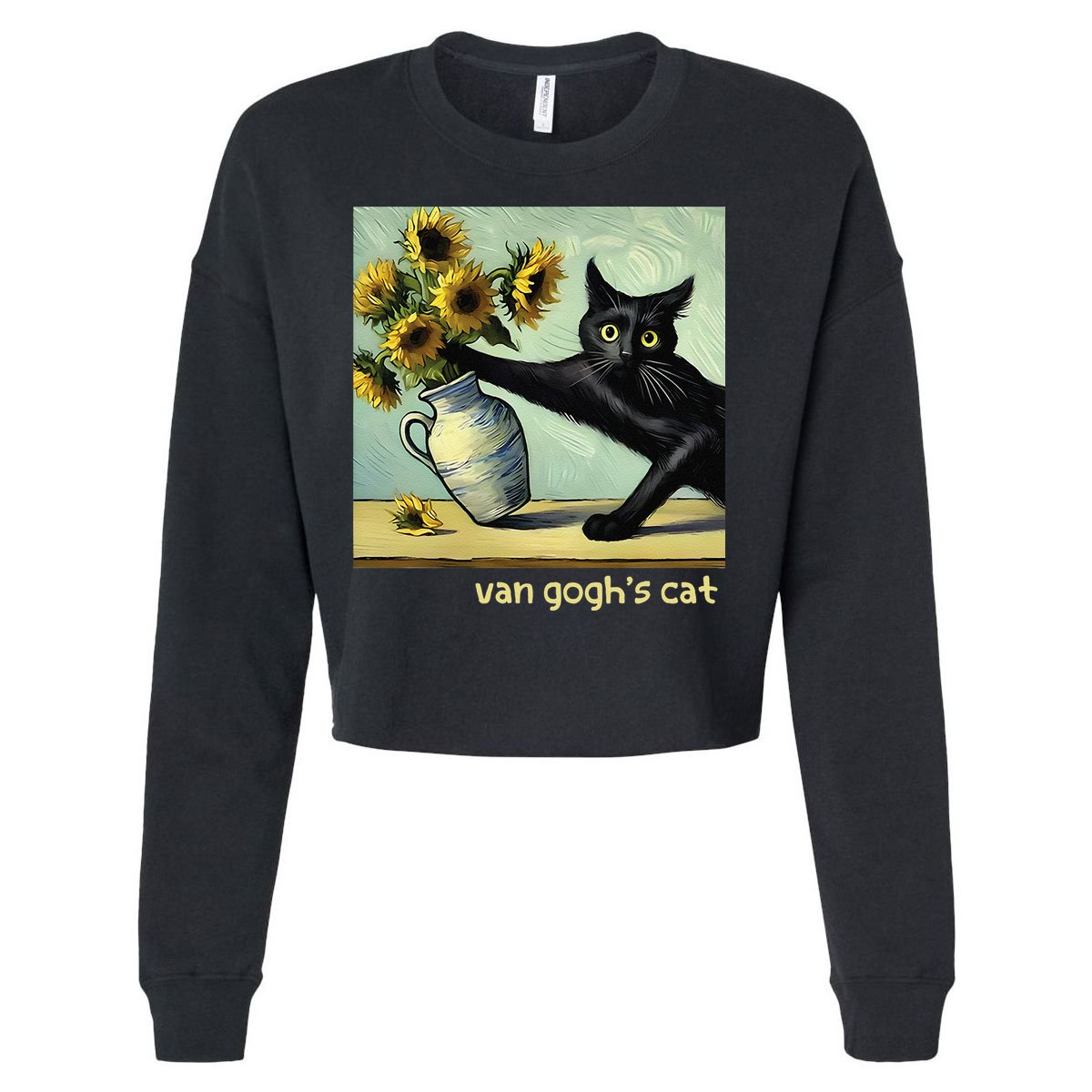 Van Gogh Black Cat With Sunflowers Funny Cat Painting Art Gift Cropped Pullover Crew