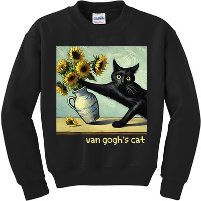 Van Gogh Black Cat With Sunflowers Funny Cat Painting Art Gift Kids Sweatshirt