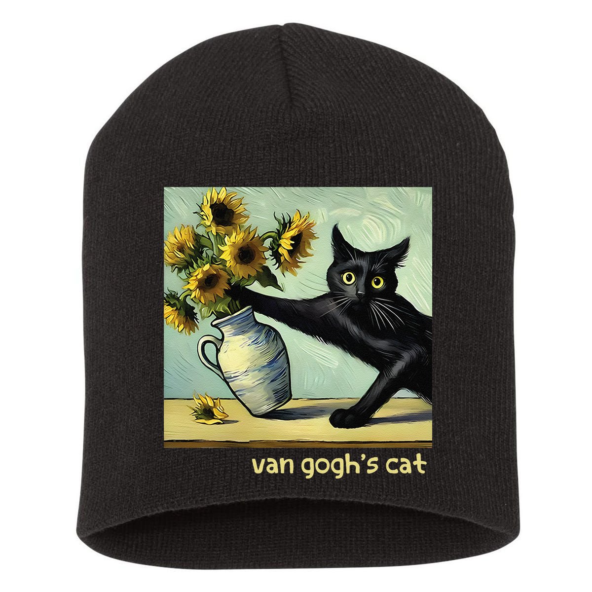 Van Gogh Black Cat With Sunflowers Funny Cat Painting Art Gift Short Acrylic Beanie
