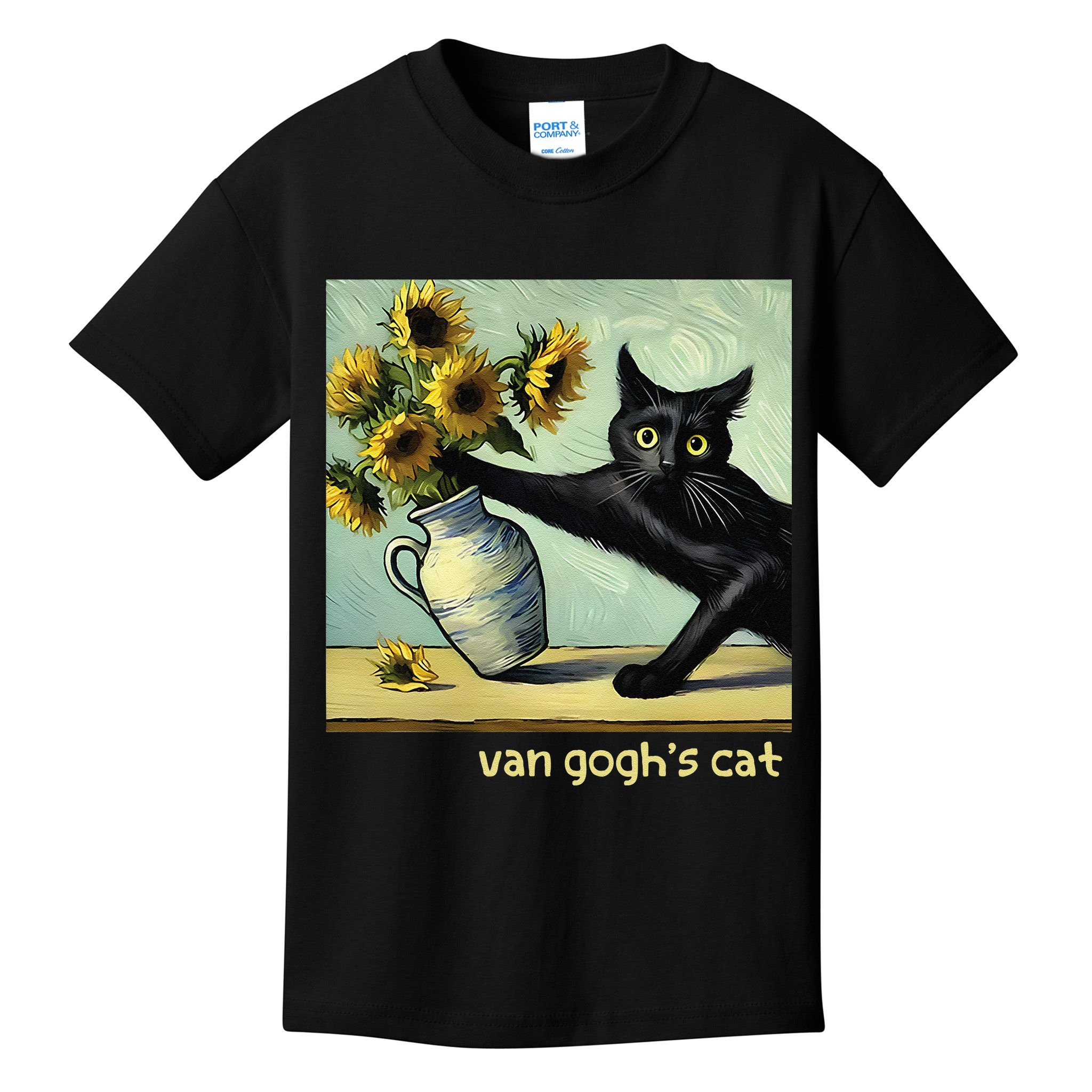 Van Gogh Black Cat With Sunflowers Funny Cat Painting Art Gift Kids T-Shirt