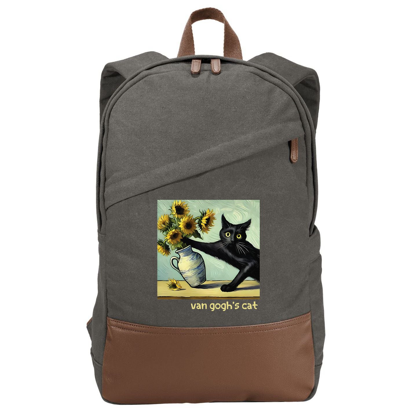 Van Gogh Black Cat With Sunflowers Funny Cat Painting Art Gift Cotton Canvas Backpack
