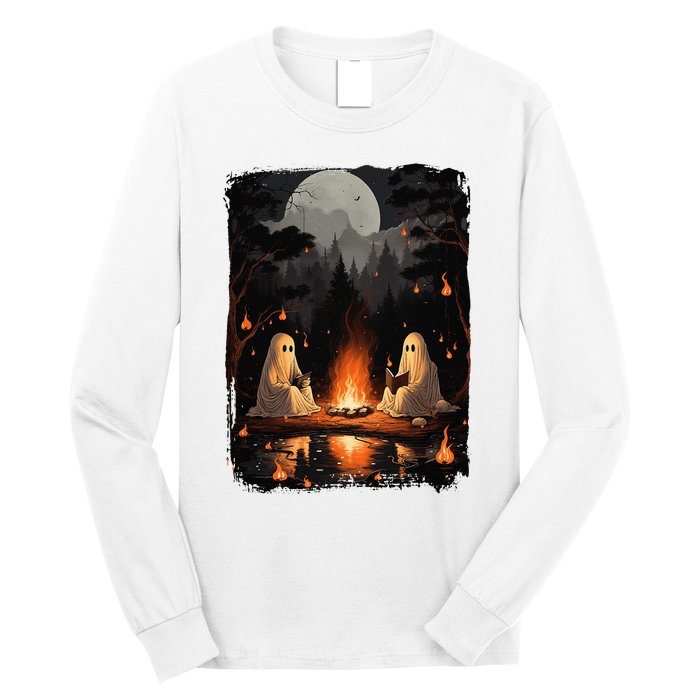 Vintage Ghost Book Reading Camping Gothic Halloween Teachers Long Sleeve Shirt