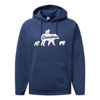 Vintage Grandma Bear 3 Cubs Mother's Day Performance Fleece Hoodie