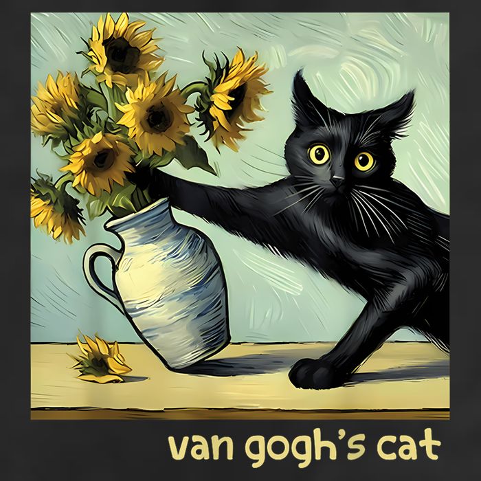 Van Gogh Black Cat With Sunflowers Funny Cat Painting Art 7 Panel Mesh Trucker Snapback Hat