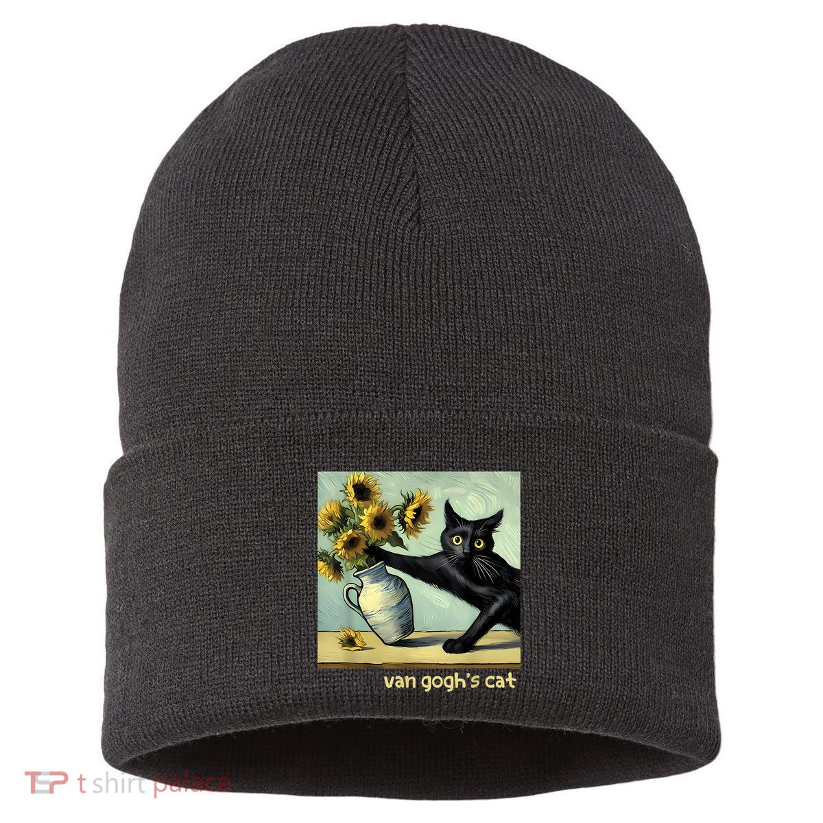 Van Gogh Black Cat With Sunflowers Funny Cat Painting Art Sustainable Knit Beanie