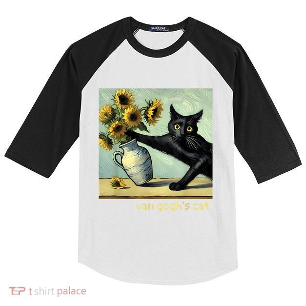 Van Gogh Black Cat With Sunflowers Funny Cat Painting Art Kids Colorblock Raglan Jersey