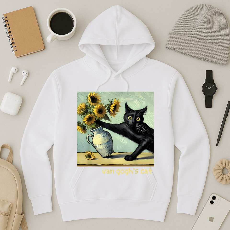 Van Gogh Black Cat With Sunflowers Funny Cat Painting Art Hoodie