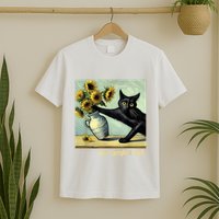 Van Gogh Black Cat With Sunflowers Funny Cat Painting Art T-Shirt