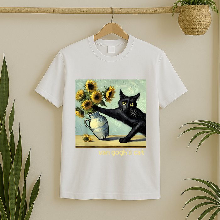 Van Gogh Black Cat With Sunflowers Funny Cat Painting Art T-Shirt