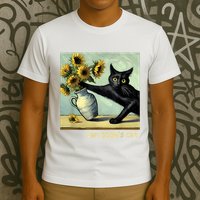 Van Gogh Black Cat With Sunflowers Funny Cat Painting Art T-Shirt