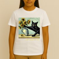 Van Gogh Black Cat With Sunflowers Funny Cat Painting Art T-Shirt