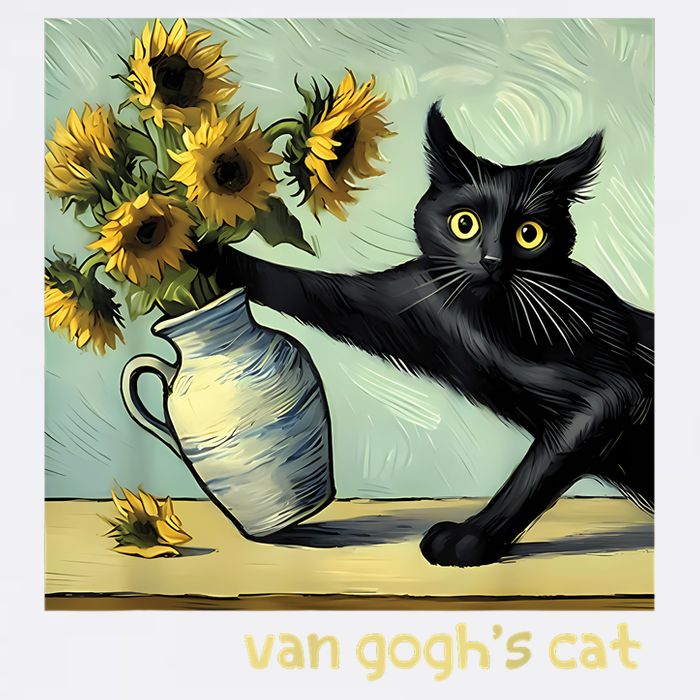 Van Gogh Black Cat With Sunflowers Funny Cat Painting Art T-Shirt