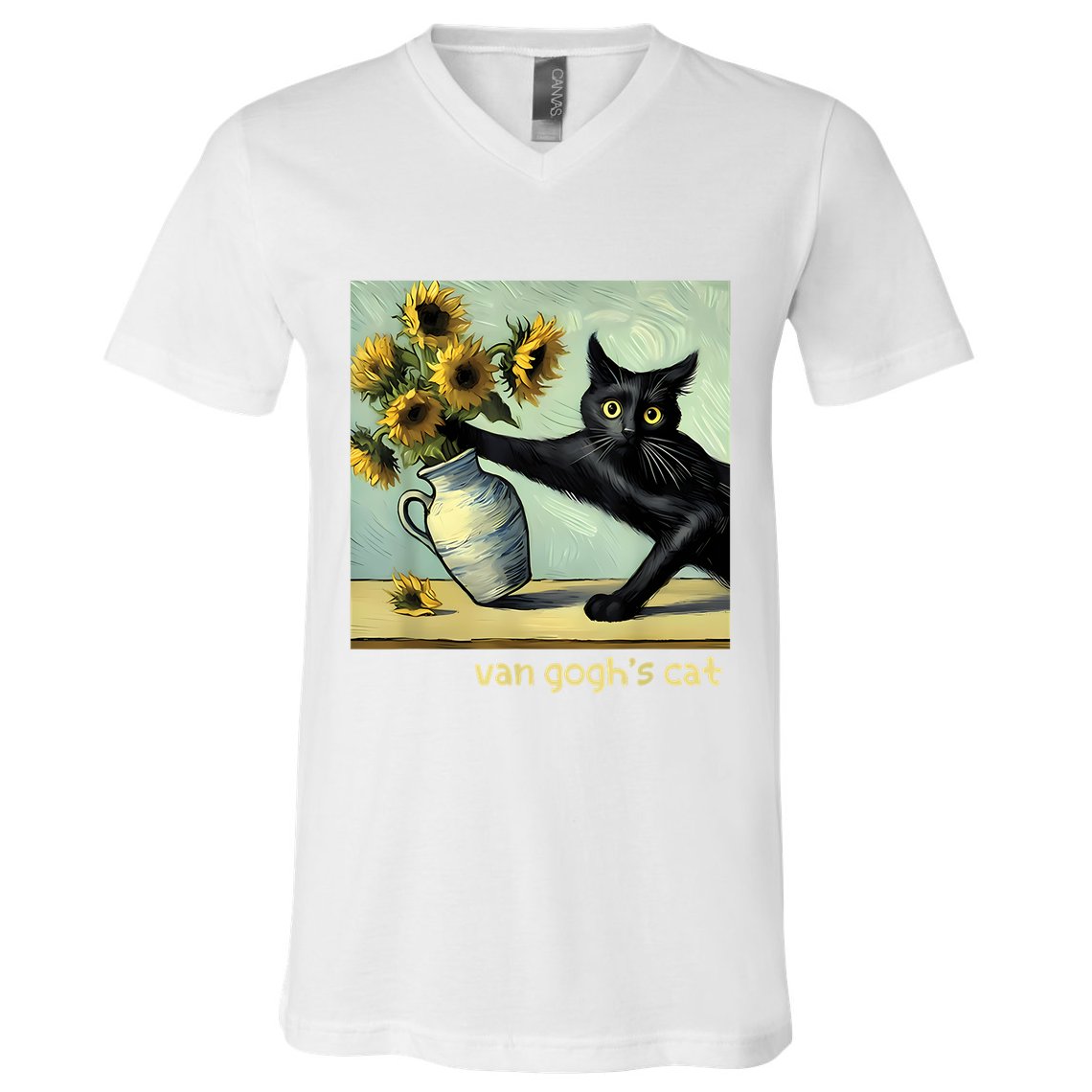 Van Gogh Black Cat With Sunflowers Funny Cat Painting Art V-Neck T-Shirt