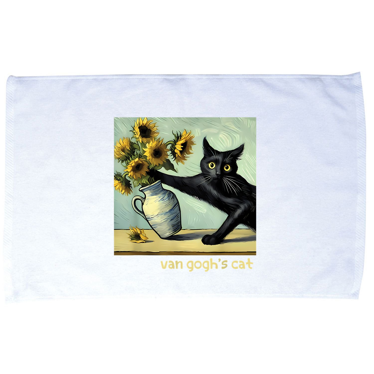 Van Gogh Black Cat With Sunflowers Funny Cat Painting Art Microfiber Hand Towel