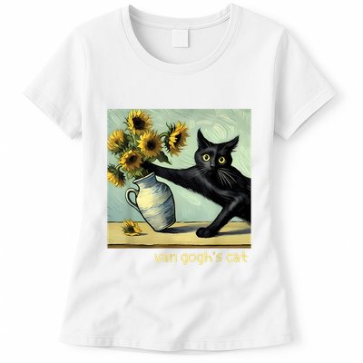 Van Gogh Black Cat With Sunflowers Funny Cat Painting Art Womens T-Shirt