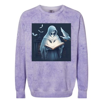 Vintage Ghost Book Reading Librarian Halloween Gift Colorblast Crewneck Sweatshirt