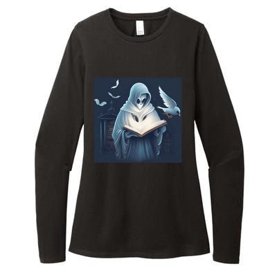 Vintage Ghost Book Reading Librarian Halloween Gift Womens CVC Long Sleeve Shirt