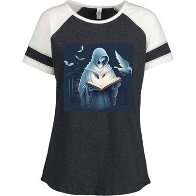 Vintage Ghost Book Reading Librarian Halloween Gift Enza Ladies Jersey Colorblock Tee