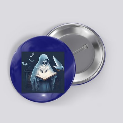 Vintage Ghost Book Reading Librarian Halloween Gift Button