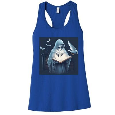 Vintage Ghost Book Reading Librarian Halloween Gift Women's Racerback Tank