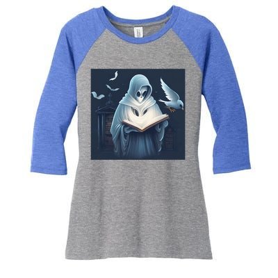 Vintage Ghost Book Reading Librarian Halloween Gift Women's Tri-Blend 3/4-Sleeve Raglan Shirt