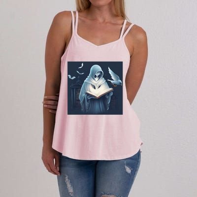 Vintage Ghost Book Reading Librarian Halloween Gift Women's Strappy Tank