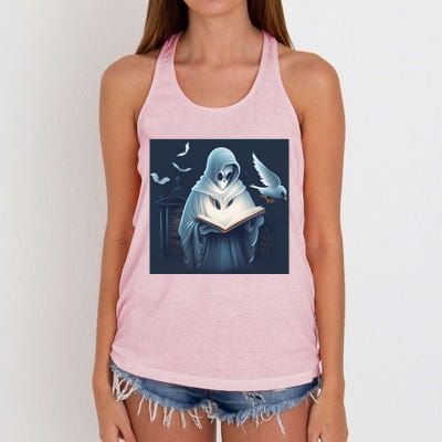 Vintage Ghost Book Reading Librarian Halloween Gift Women's Knotted Racerback Tank