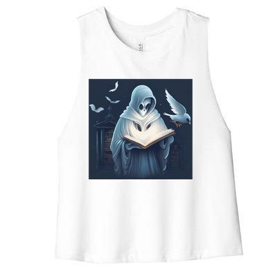 Vintage Ghost Book Reading Librarian Halloween Gift Women's Racerback Cropped Tank