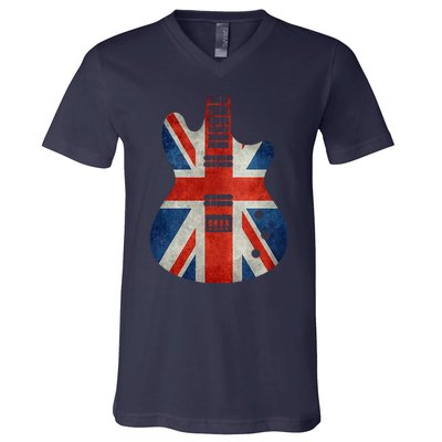 Vintage Guitar British Jack Union Flag Rock Guitarist V-Neck T-Shirt