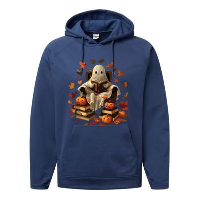 Vintage Ghost Book Reading Pumpkin Gothic Halloween Teachers Performance Fleece Hoodie