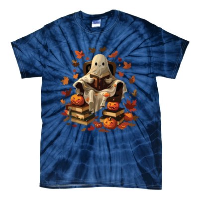 Vintage Ghost Book Reading Pumpkin Gothic Halloween Teachers Tie-Dye T-Shirt