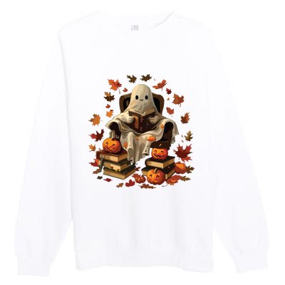 Vintage Ghost Book Reading Pumpkin Gothic Halloween Teachers Premium Crewneck Sweatshirt